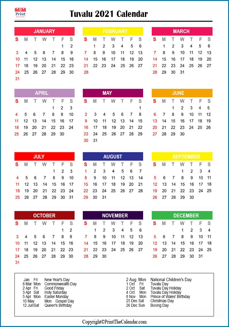 Tuvalu Printable Calendar 2021